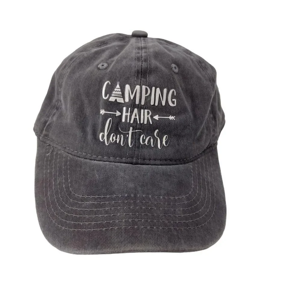 Camping Baseball Hat Cap Camping Hair Dont Care Womens One Size Gray Casual Hat
